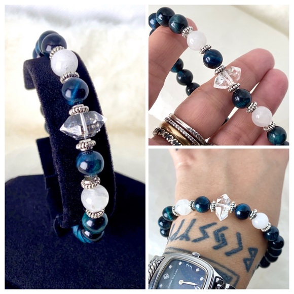 Genuine Herkimer diamond & blue tiger eye gemstones bead boho crystal bracelet - Picture 1 of 16